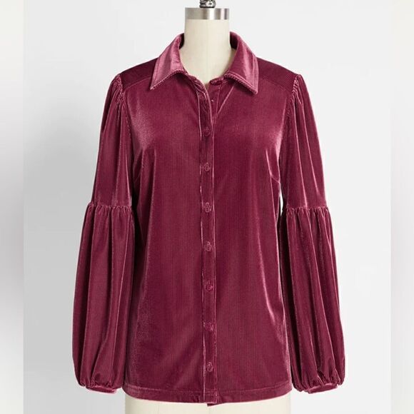 Modcloth Here For the Drama Button Up Corduroy Velvet Top Balloon Sleeve Wine S - Picture 1 of 12